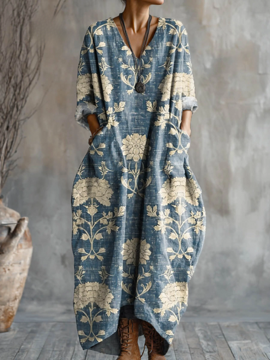 Women's Vintage Floral Pocket V-Neck Cotton Dress with Art Print