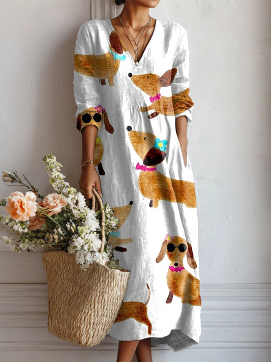Vintage Dachshund Art Print Linen Pocket Dress for Women