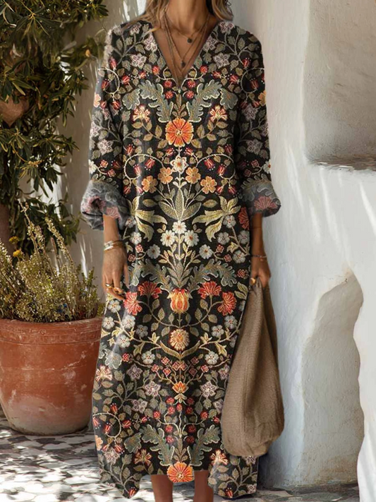 Vintage Floral Print Cotton Dress for Women