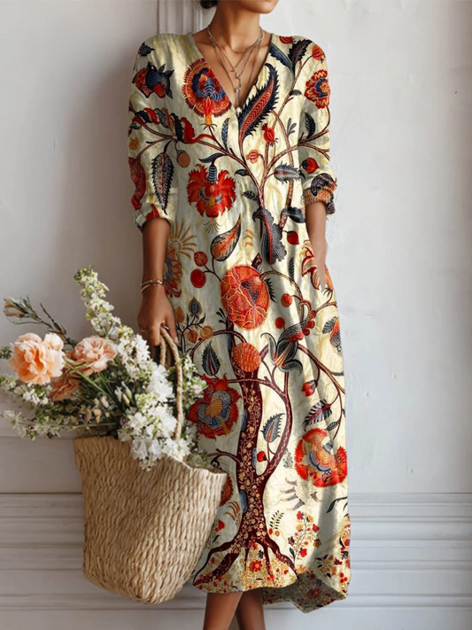 Women's Vintage Floral Cotton-Linen Pocket Dress with Art Print